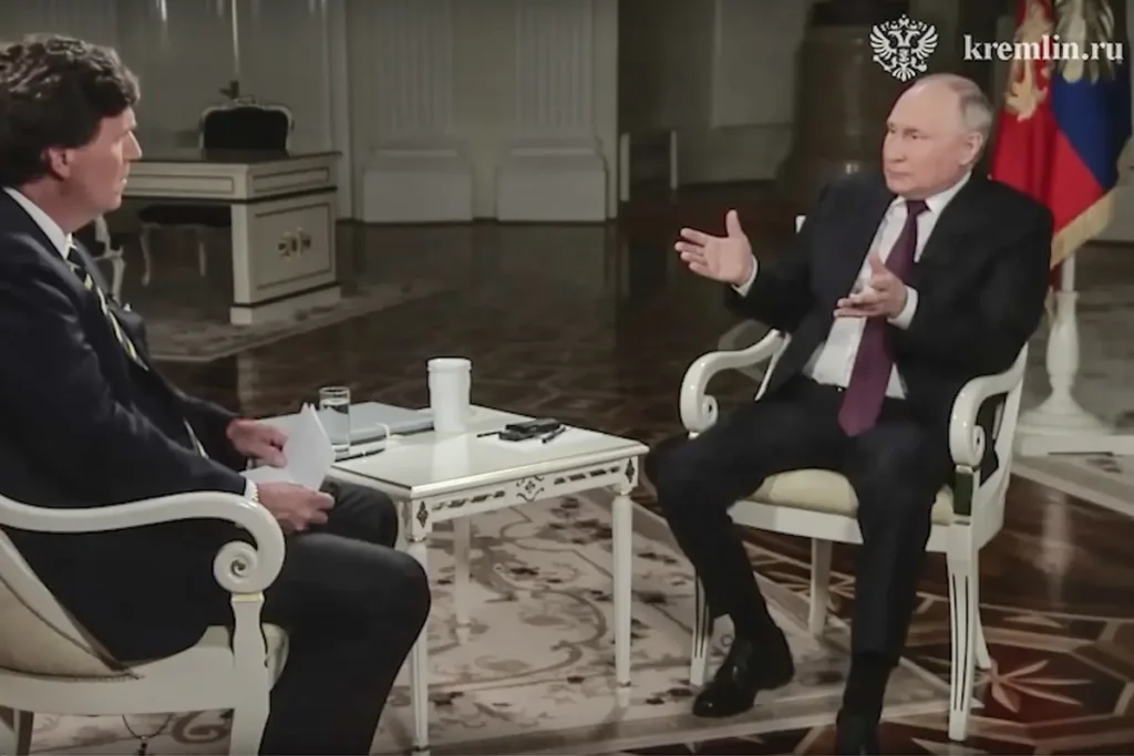 Владимир Путин во&nbsp;время интервью Такеру Карлсону 6&nbsp;февраля 2024&nbsp;года. Источник: скриншот видео с&nbsp;Youtube-канала «Kremlin».