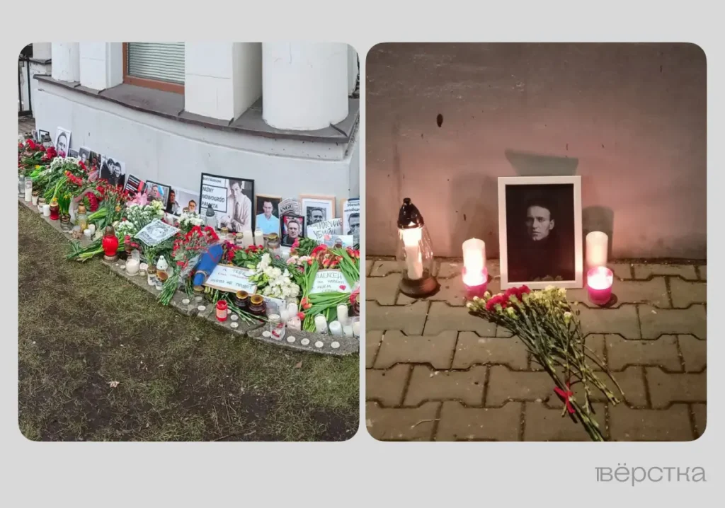 Мемориал Навальному у&nbsp;российского посольства в&nbsp;Варшаве (до&nbsp;и&nbsp;после), Польша. Источник: предоставлено собеседником «Вёрстки».